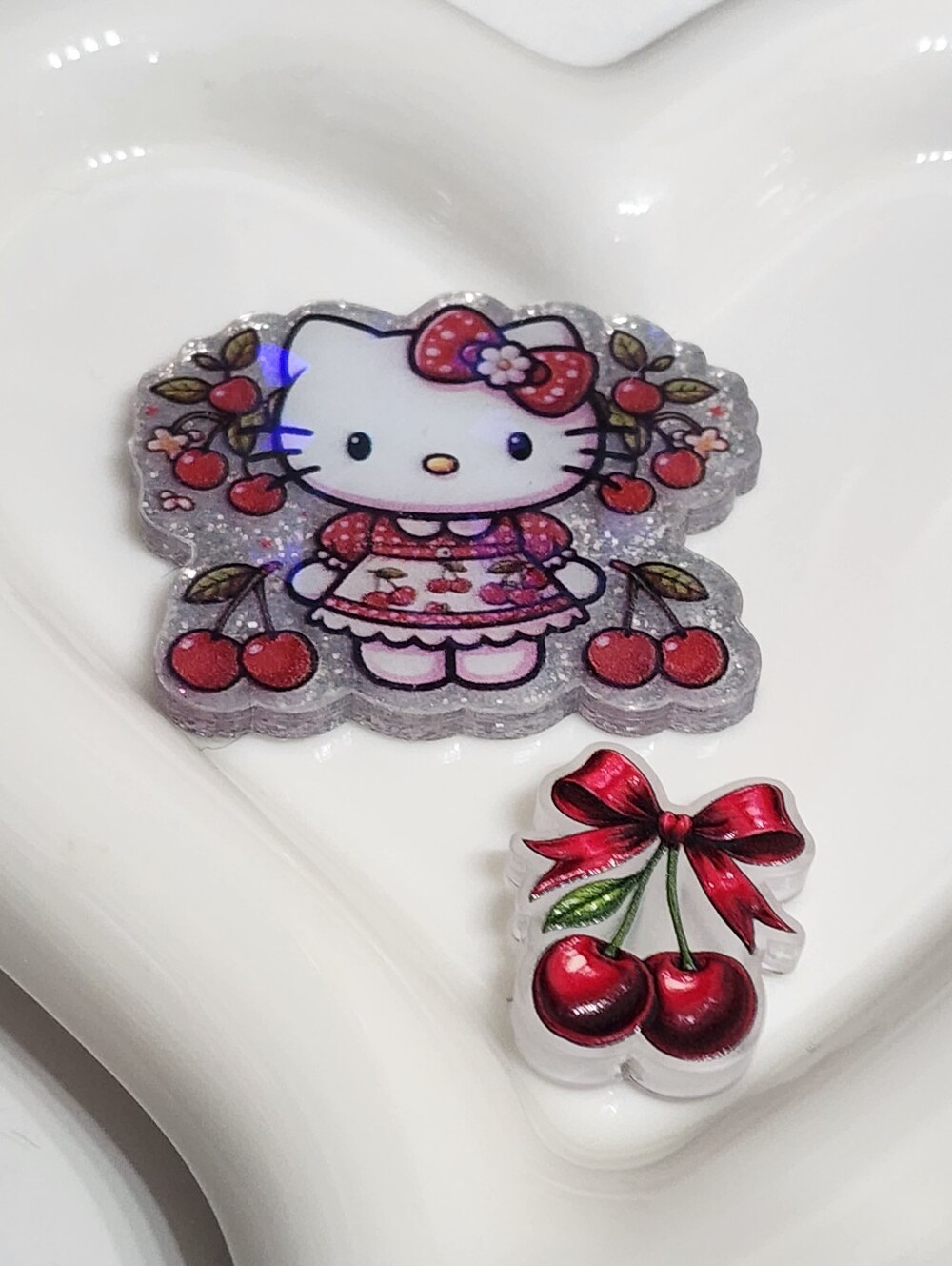 Cat Cherries Flatback Focal‎ Bead Holographic Badge Keychain Crafts Beaded Pen